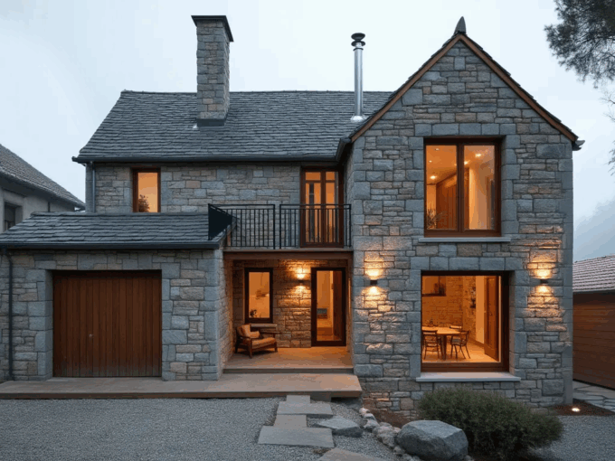 Chalet unifamiliar de obra nueva con fachada en piedra en Jaca, Pirineo Aragonés